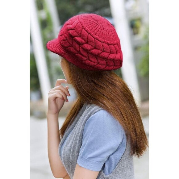 〽️Women’s Wine Winter Warm Knit Wool Snow Ski Hat with Visor